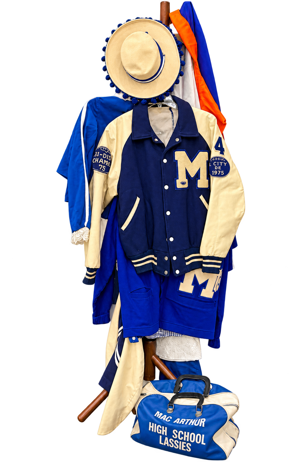 MacArthur High School display with letterman jacket, hat, and travel bag